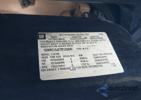 2007 Chevrolet Tahoe Ltz z USA, uszkodzony, nr VIN 1GNFC13J27R135845